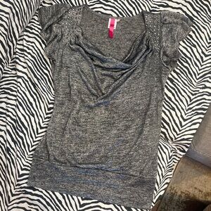 grey cowl neck top with studded ruffle sleeves